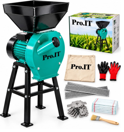 Mori electrice - Moara electrica cu suport din metal pentru cereale si stiuleti (2 in 1), DDT-PRO.I.T. Cuva Mare, motor 3,9 kw , 3000 rpm, 320 kg/h, 4 site de rezerva, 20 ciocanele, bonus sac, surubelnita, perie. si 3