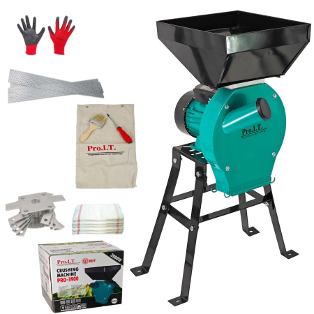 Mori electrice - Moara electrica cu suport din metal pentru cereale si stiuleti (2 in 1), DDT-PRO.I.T. Cuva Mare, motor 3,9 kw , 3000 rpm, 320 kg/h, 4 site de rezerva, 20 ciocanele,bonus sac,surubelnita si perie.