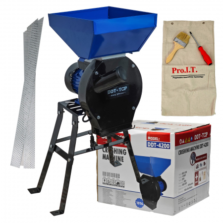 Mori electrice - Moara electrica cu suport din metal pentru cereale si stiuleti, DDT-TOP,Cuva Mare, 20 ciocanele, motor 4.2 kw, 3000 rpm, 320 kg/h, 4 site de rezerva, bonus sac, surubelnita si perie. Buton on/off
