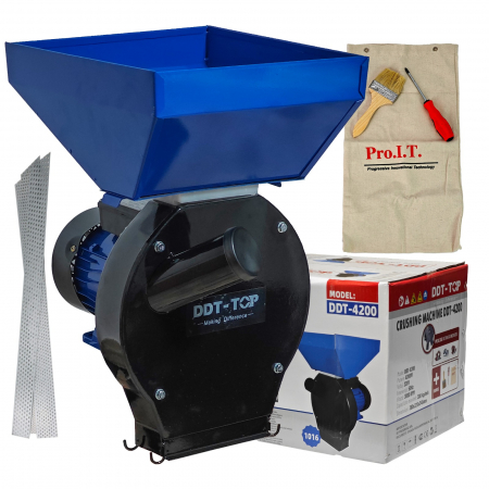 Mori electrice - Moara electrica pentru cereale si stiuleti, DDT-TOP,Cuva Mare, motor 4.2 kw , 3000 rpm, 320 kg/h, 4 site de rezerva, 20 ciocanele,bonus sac,surubelnita si perie,Buton on/off