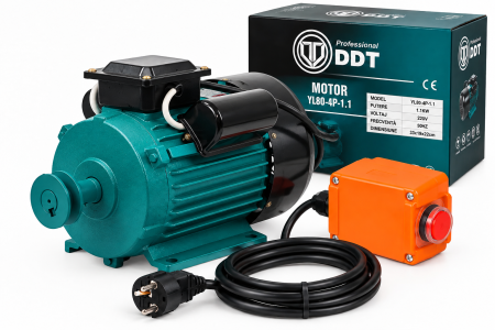 Motoare electrice - Motor electric DDT 1,1 KW cu 1500rpm , 220V, 50Hz, cu protectie la suprasarcina,BOBINAJ CUPRU, BUTON ON-OFF,  Fulie inclusa