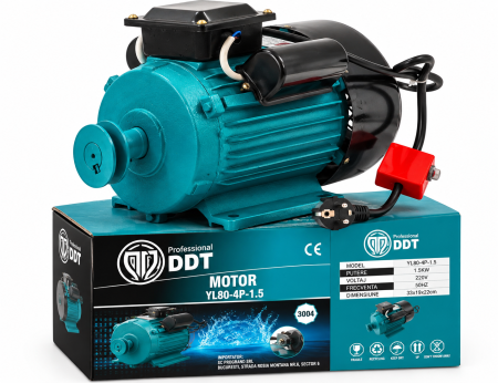 Motoare electrice - Motor electric DDT  1,5 kW cu 1500 RPM, 220V, 50Hz, cu protectie la suprasarcina, bobinaj CUPRU, buton ON-OFF,  Fulie inclusa