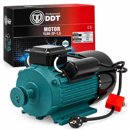 Motoare electrice - Motor electric DDT 1,5 kW cu 3000 RPM, 220V, 50Hz, cu protectie la suprasarcina, bobinaj CUPRU, BUTON ON-OFF,  Fulie inclusa