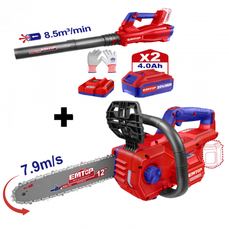 Suflante - Pachet promo Drujba cu lant, motor fara perii (brushless), 30cm + Suflanta, motor fara perii (brushless), 8.5m3/min + 2 acumulatori 4.0Ah + incarcator