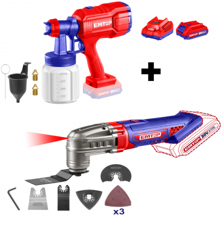 Articole uz casnic - Pachet promo Instrument multifunctional, 6 viteze, 8 accesorii + Pistol de vopsit cu 800ml + 2 Acumulatori cu incarcator