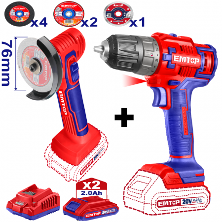 Accesorii polizare si slefuire - Pachet promo Mini polizor unghiular, 76mm, 7 discuri incluse + Masina de gaurit si insurubat + 2 acumulatori 2.0AH