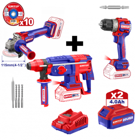 Circulare si fierastraie electrice - Pachet promo Polizor unghiular, motor fara perii (brushless), 115mm, 10 discuri incluse + Ciocan rotopercutor + Masina de gaurit si insurubat + 2 acumulatori 4.0Ah