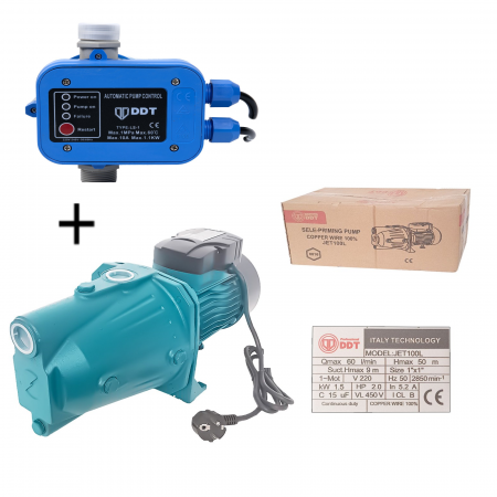 Pompe apa de suprafata - Pachet promo Pompa de suprafata, DDT, JET100L, 1500 W, Fonta, Bobinaj 100% cupru + Presostat electronic automat DDT LS1, 1.1kW, 10 bar