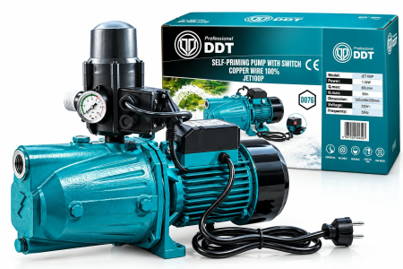 Pompe apa de suprafata - Pachet Pompa de suprafata JET100P, 1.5kW, 60L/min, 50m, 1" cu buton pornire-oprire si bobinaj masiv cupru, inaltimea de refulare 50 m , adancimea de absortie 7 m + Presostat electronic automat DDT LS-