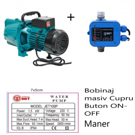 Pompe apa de suprafata - Pachet promo Pompa de suprafata JET100P, 1.5kW, apa curata, 60L/min, 50m, 1" cu buton pornire-oprire si bobinaj masiv cupru + Presostat electronic automat DDT LS1, 1.1kW, 10 bar