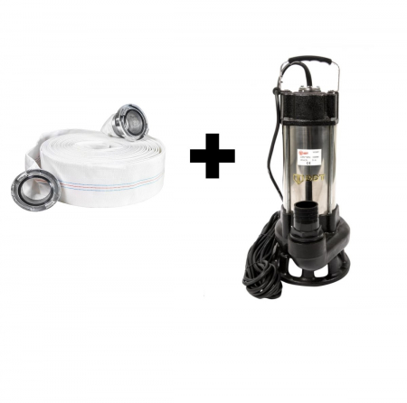 Pompe apa murdara - Pachet promo Pompa submersibila cu dublu tocator pentru apa murdara, DDT, V1500T, 1500W Inox + Furtunul de pompier 2'' 20 m, 8 bari, cu cuple