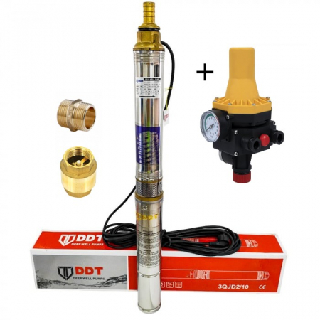 Pachete - Pachet promo Pompa submersibila, DDT, 3QJD-1.1, 1.1 kW, Inox, 75 mm diametru, 10 turbine + Prescontrol LS6 + supapa de sens si niplu