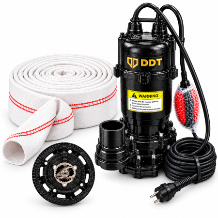 Pompe apa murdara - PACHET Pompa submersibila de apa murdara DDT cu plutitor 3,1 kW, debit 25 m³/h, dublu tocator din INOX + Furtun pompieri 2 toli 20m, buton on-off
