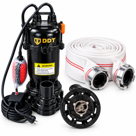 Pompe apa murdara - PACHET Pompa submersibila de apa murdara DDT 3,1 kW cu debit 25 m³/h si dublu tocator din INOX + Furtun pompieri 2 toli  20m cu cuple, buton on-off