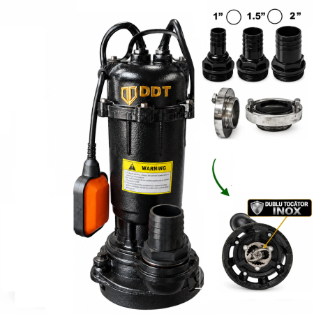 PACHET Pompa submersibila de apa murdara DDT 3,1 kW cu debit 25 m³/h si dublu tocator din INOX + Furtun pompieri 2 toli  20m cu cuple, buton on-off [3]