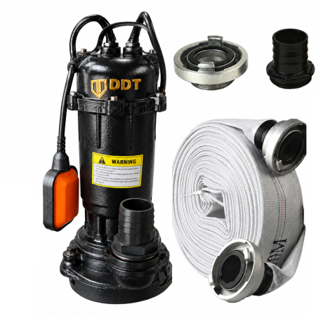 PACHET Pompa submersibila de apa murdara DDT 3,1 kW cu debit 25 m³/h si dublu tocator din INOX + Furtun pompieri 2 toli  20m cu cuple, buton on-off [1]