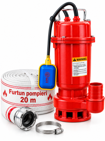 Pachete - Pachet promo Pompa apa murdara din fonta DDT rosie WQD10 cu plutitor, 1100 W, 15 m³/h + Furtunul de pompier 2'' 20 m, 8 bari, cu cuple
