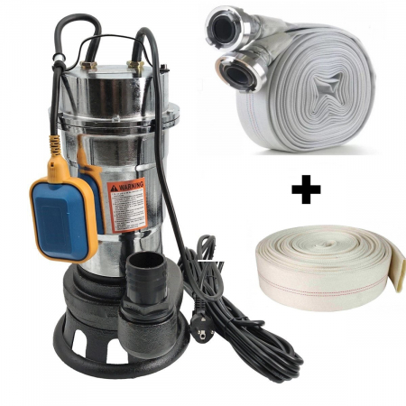 Pompe apa murdara - Pachet promo Pompa pentru apa murdara DDT, cu plutitor si tocator , 3000 W , Adancime evacuare maxim 8 Metri, corp inox + Furtunul de pompier 2'' 20 m, 8 bari, cu cuple + Furtunul de pompier 2'' 20 m