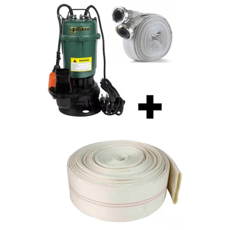 Pompe apa murdara - Pachet promo Pompa submersibila apa murdara, cu plutitor, fara tocator, DDT, WQD10, 2200 W, 10 m³/h, 8 m + Furtunul de pompier 2'' 20 m, 8 bari, cu cuple + Furtun de pompier 2'' 20 m