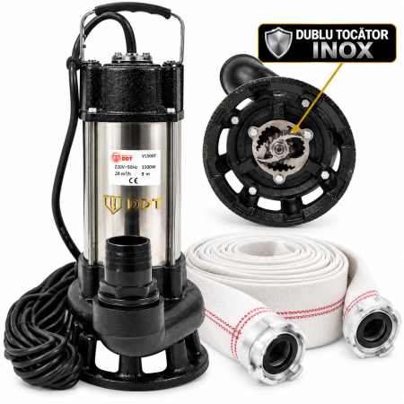 Pompe apa murdara - Pachet promo Pompa submersibila cu dublu tocator pentru apa murdara, DDT, V1500T, 1500W Inox + Furtunul de pompier 2'' 20 m, 8 bari, cu cuple