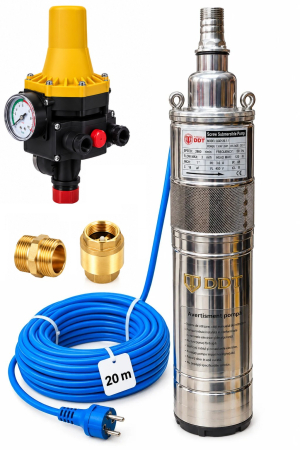 Pompe apă și Hidrofoare - Pachet promo Pompa submersibila, DDT, QGD120, Inox complet, suruburi inox, sita protectie, 20 m cablu, 120 m, 3 m³/h + Prescontrol LS6 + supapa de sens si niplu