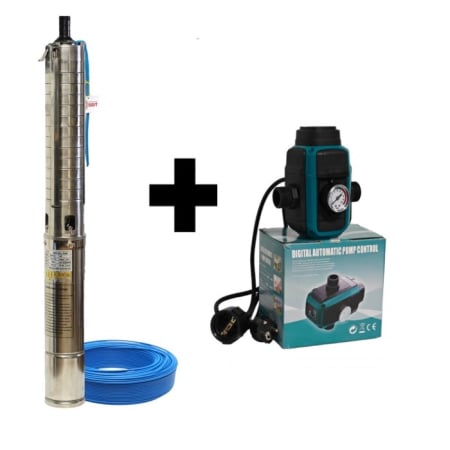 Pompe apa - Pachet promo Pompa submersibilă de adâncime DDT 4SP5/12 – 1.8 kW, 2.5 CP,8 m³/h, 90 m inaltimea de refulare , 12 turbine inox cu panou de control, rezistenta la nisip + Presostat electronic inteligent