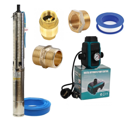 Pompe apa - Pachet promo Pompa submersibilă DDT 4SP5/12 – 1.8 kW, 8 m³/h, 90 m inaltimea de refulare , 12 turbine inox rezistenta la nisip + Presostat electronic inteligent digital reglabil DDT + accesorii