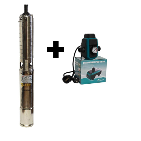 Pompe apa - Kit pompa submersibilă de adâncime DDT 4SP5/8 – 1.5 kW, 2 CP, 7 m³/h, 8 turbine inox cu panou de control, rezistenta la nisip + Presostat electronic inteligent digital