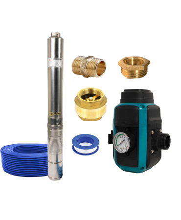 Pompe apa - Pachet promo Pompa submersibila de mare adancime, DDT, 4SDM3-16, 2200 W, 16 turbine, 10 m³/h Inox, 30 m cablu + Presostat electronic inteligent digital reglabil DDT + accesorii