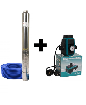 Pompe apa - Pachet promo Pompa submersibila de mare adancime, DDT, 4SDM3-20, 2500 W, 20 turbine, 12 m³/h Inox, 30 m cablu + Presostat electronic inteligent digital reglabil DDT