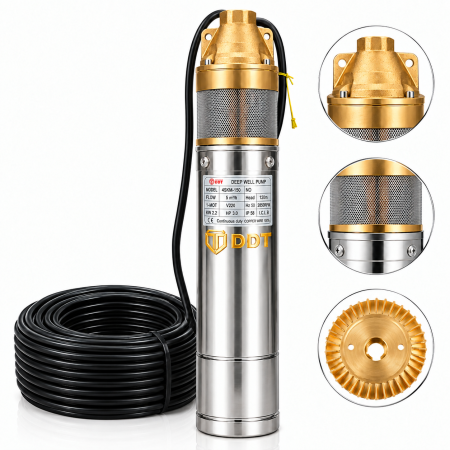 Pompe submersibile - Pompa apa submersibila DDT cu 2 turbine din alama, 4SKM-150, 2200W, 5 m³/h, refulare 120m, 4 bar, corp inox, bobinaj 100% Cupru