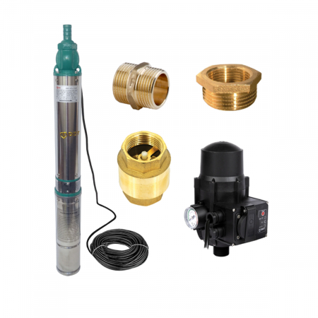 Pompe submersibile - Pompa de apa curata submersibila QJD120-1.5, 1500 W, 8 turbine, 7 mc/h, supapa sens 1 ", Presostat electronic, reductie 1"-1/2, niplu 1", 15 Metri cablu alimentare