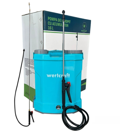 Atomizoare si pompe de stropit - Pompa de stropit WertCraft 16L cu acumulator, duze si regulator de presiune inclus, 8 ah, 2.6l/min, 5.5 bar + Lance extensibila  2.8 m
