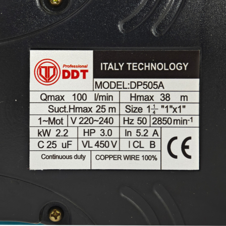 Pompa de suprafata cu ejector DDT- DP505A, 2200W, 2900rpm, adancime maxima de absorbtie 38m, debit 100 l/min [5]