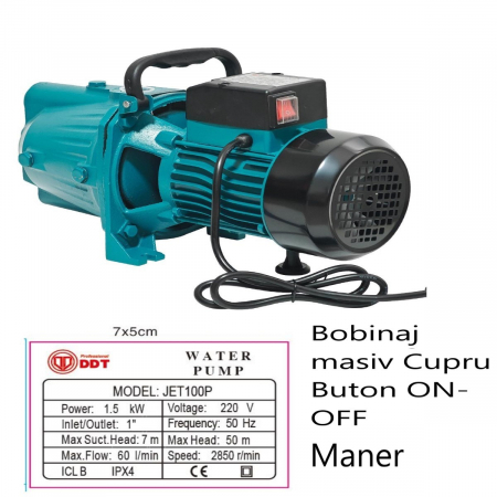 Resigilate - Pompa de suprafata JET100P, 1.5kW, apa curata, 60L/min, 50m, 1" cu buton pornire-oprire si bobinaj masiv cupru - RESIGILAT