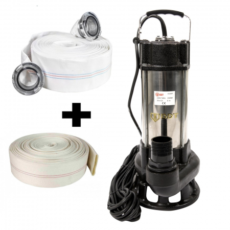 Pompe apa murdara - Pompa submersibila cu dublu tocator pentru apa murdara, DDT, V1500T, 1500 W, Inox + Furtun pompier, 20 metri, 2 toli + Furtunul de pompier 2'' 20 m, 8 bari, cu cuple