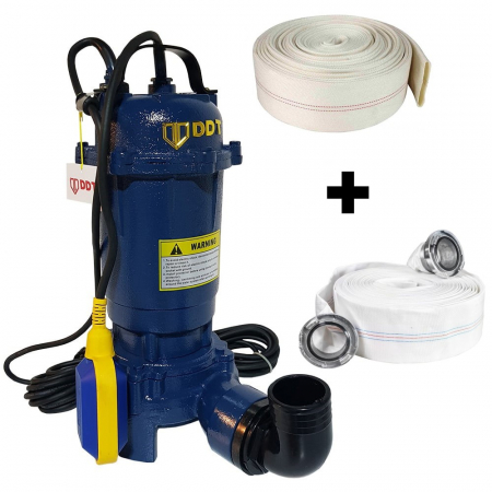 Pompe apa murdara - Pompa submersibila cu tocator si plutitor, DDT, WQD10, 2600W + Furtun pompier, 20 metri, 2 toli + Furtunul de pompier 2'' 20 m, 8 bari, cu cuple