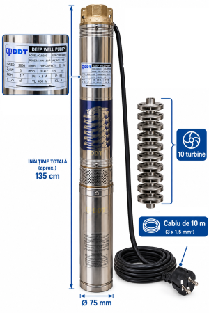 Pompe submersibile - Pompa submersibila, DDT, 3QJD-1.1, 1.1 kW,  Inox, 75 mm diametru, 10 turbine