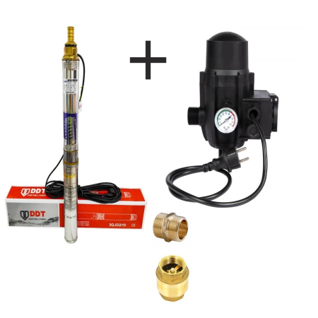 Pompe submersibile - Pompa submersibila, DDT, 3QJD-1.1, 1.1 kW, Inox, 75 mm diametru, 10 turbine + Presostat electronic automat, DDT, LS-4 + accesorii