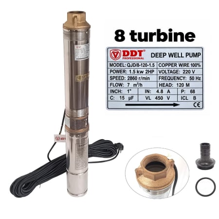 Pompe submersibile - Pompa submersibila de adancime, DDT, 4QJD2-8, 1500 W, 8 turbine, 7 mc/h , 25 metri cablu