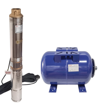 Pompe submersibile - Pompa submersibila de adancime, DDT, 4QJD2-8, 1500 W, 8 turbine, 7 mc/h , 25 metri cablu+ Vas de expansiune , Bazin hidrofor DDT , 24 LT , Membrana inclus