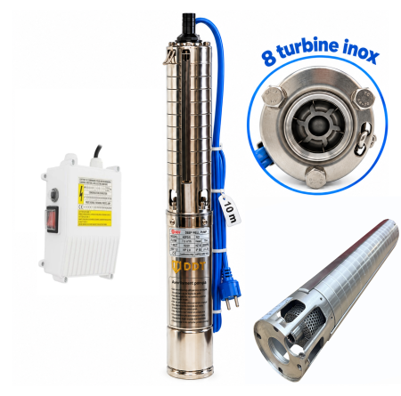 Pompe apă și Hidrofoare - Pompa submersibilă de adâncime DDT 4SP5/8 – 1.5 kW, 2 CP, 7 m³/h, 70 m inaltimea de refulare, 8 turbine inox cu panou de control, rezistenta la nisip