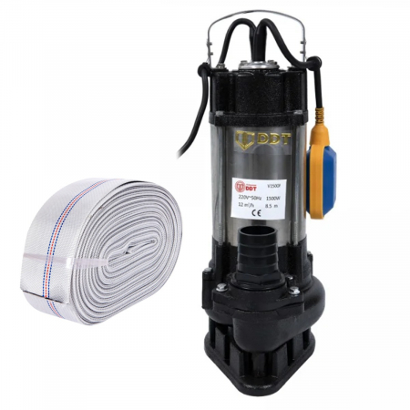 Pompe de apa murdara - Pompa submersibila de apa murdara DDT V1500F, 1500 W, 12 mc/h+ Furtun pompier, 20 metri, 2 toli