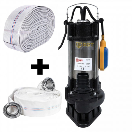 Pompe apa murdara - Pompa submersibila de apa murdara DDT V1500F, 1500 W, 12 mc/h+ Furtun pompier, 20 metri, 2 toli +  Furtunul de pompier 2'' 20 m, 8 bari, cu cuple