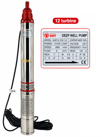 Pompa submersibila de mare adancime, DDT, QJD12-120-1.8, 1800 W, 8 m³/h, 12 turbine, Inox