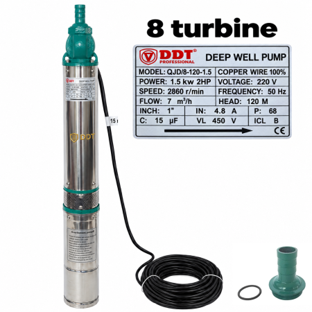 Pompe submersibile - Pompa submersibila de mare adancime, DDT, QJD120-1.5, 1500 W, Inox, 8 turbine