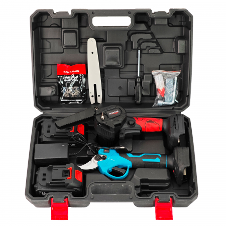 Set foarfeca & Mini drujba cu 2 acumulatori DDT-CRISTAL, incarcator, accesorii incluse, 24 V, 2 Ah [1]