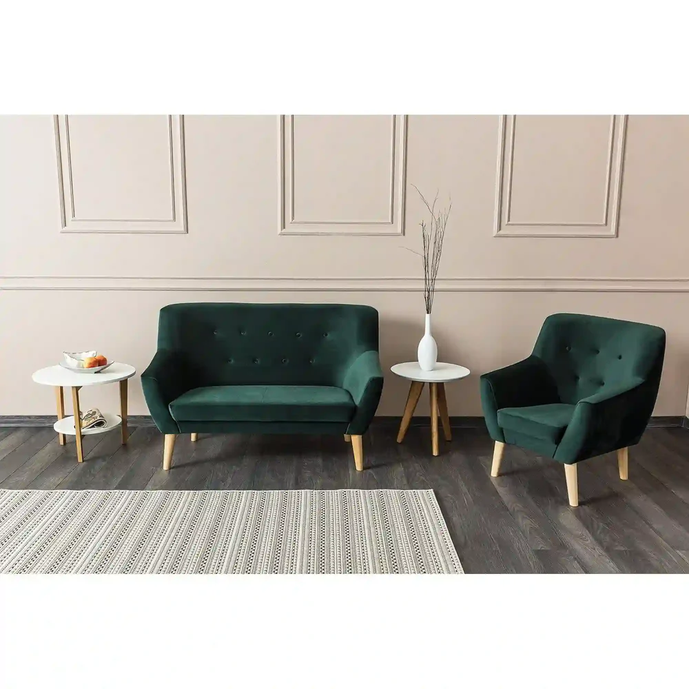 Canapea Nordic, verde/fag, stofă catifelată/lemn, 136x75x90 cm [2]