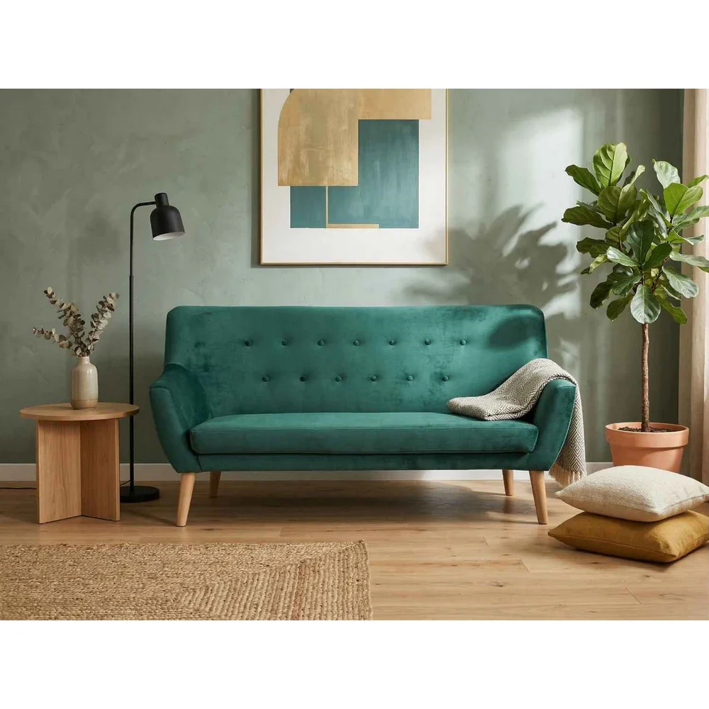 Canapea Nordic 3, verde, stofă catifelată/lemn, 180x75x90 cm [2]