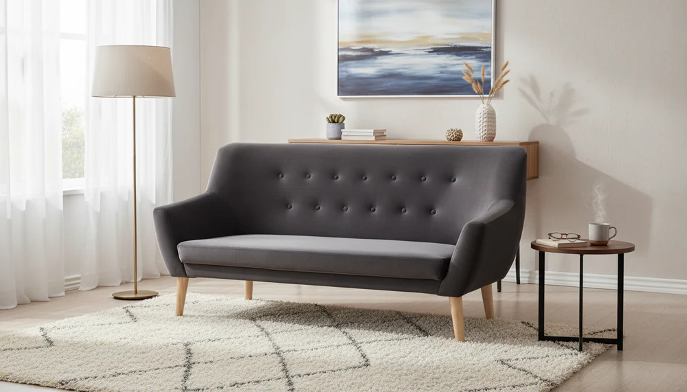 Canapea Nordic, gri Bluvel 14, stofă catifelată/lemn de fag, 180x75x90 cm [2]